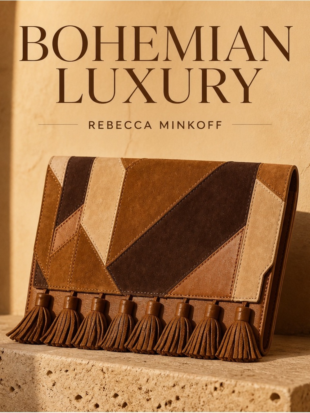 Rebecca Minkoff Brown Multi-Tone Suede leather boho Tassel Patchwork Clutch